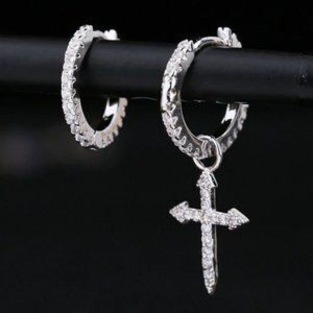 925 Sterling Silver Diamond Cross Hoop Earrings C4
